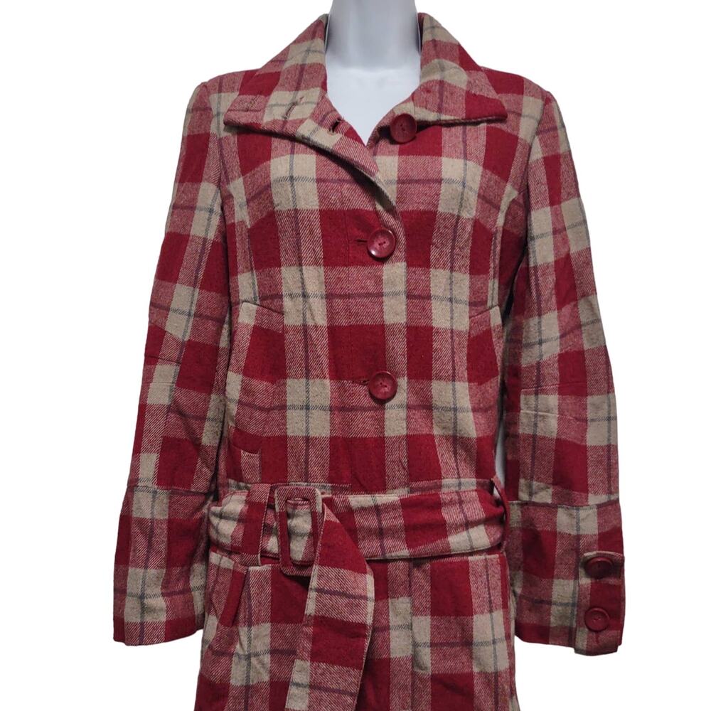 BB Dakota Red Plaid Rayon Peplum Coat - Picture 10 of 10